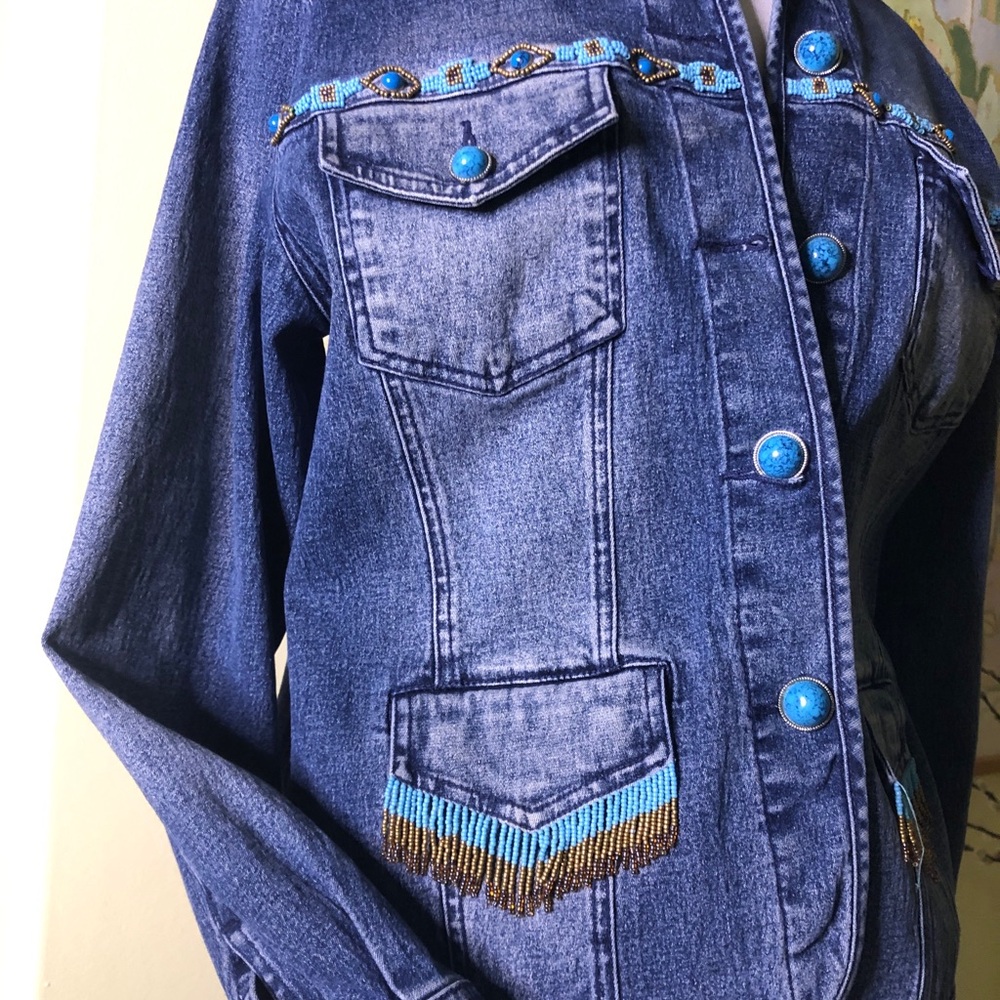 Diane Gilman faux Turquoise button and fringe denim jeans & jacket beaded